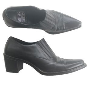 Vintage 90s Western Black Leather Ankle Booties Block Heel Pointed Toe Size 7.5